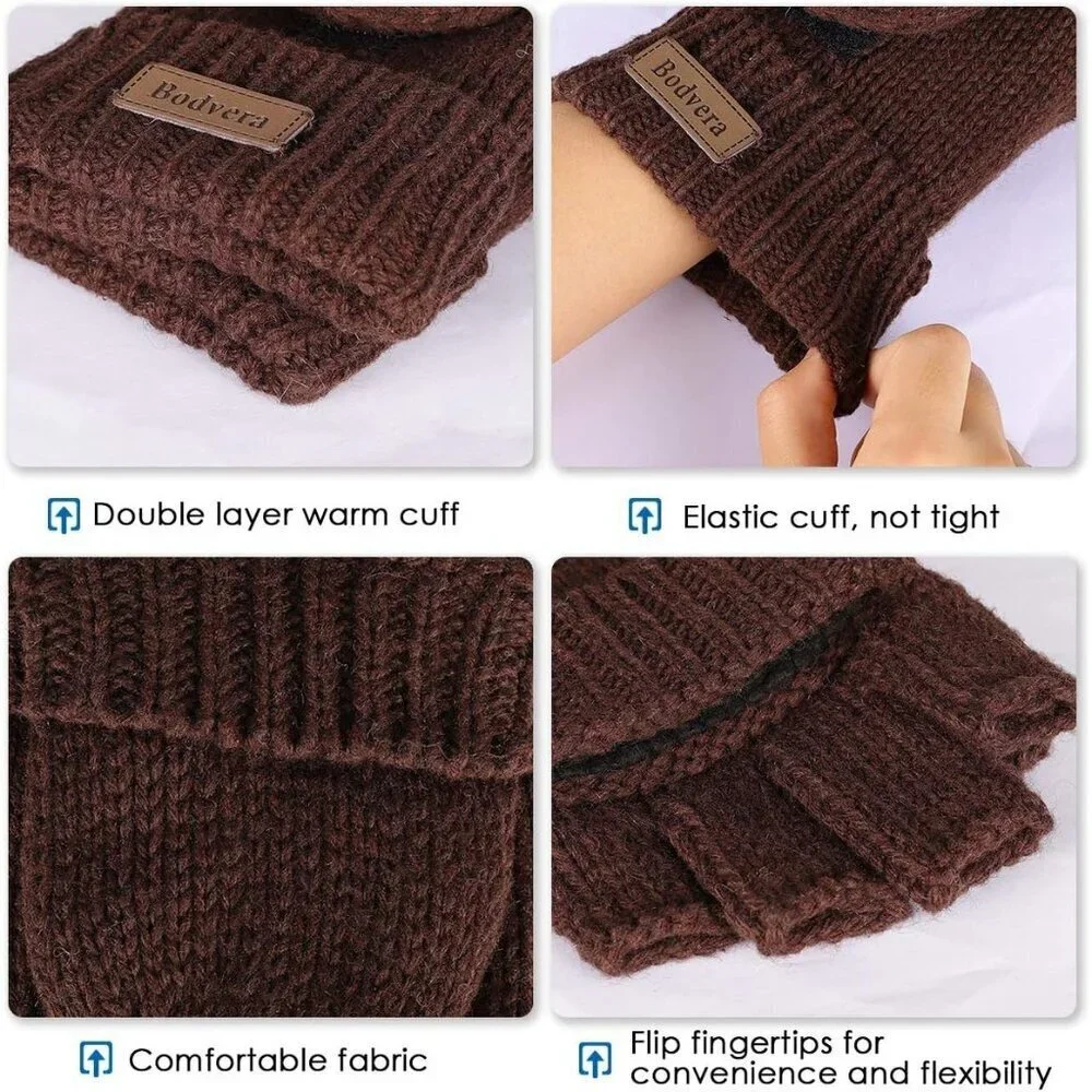 Women's Coffee Winter Warm Thermal Insulation Fingerless Texting Wool Gloves